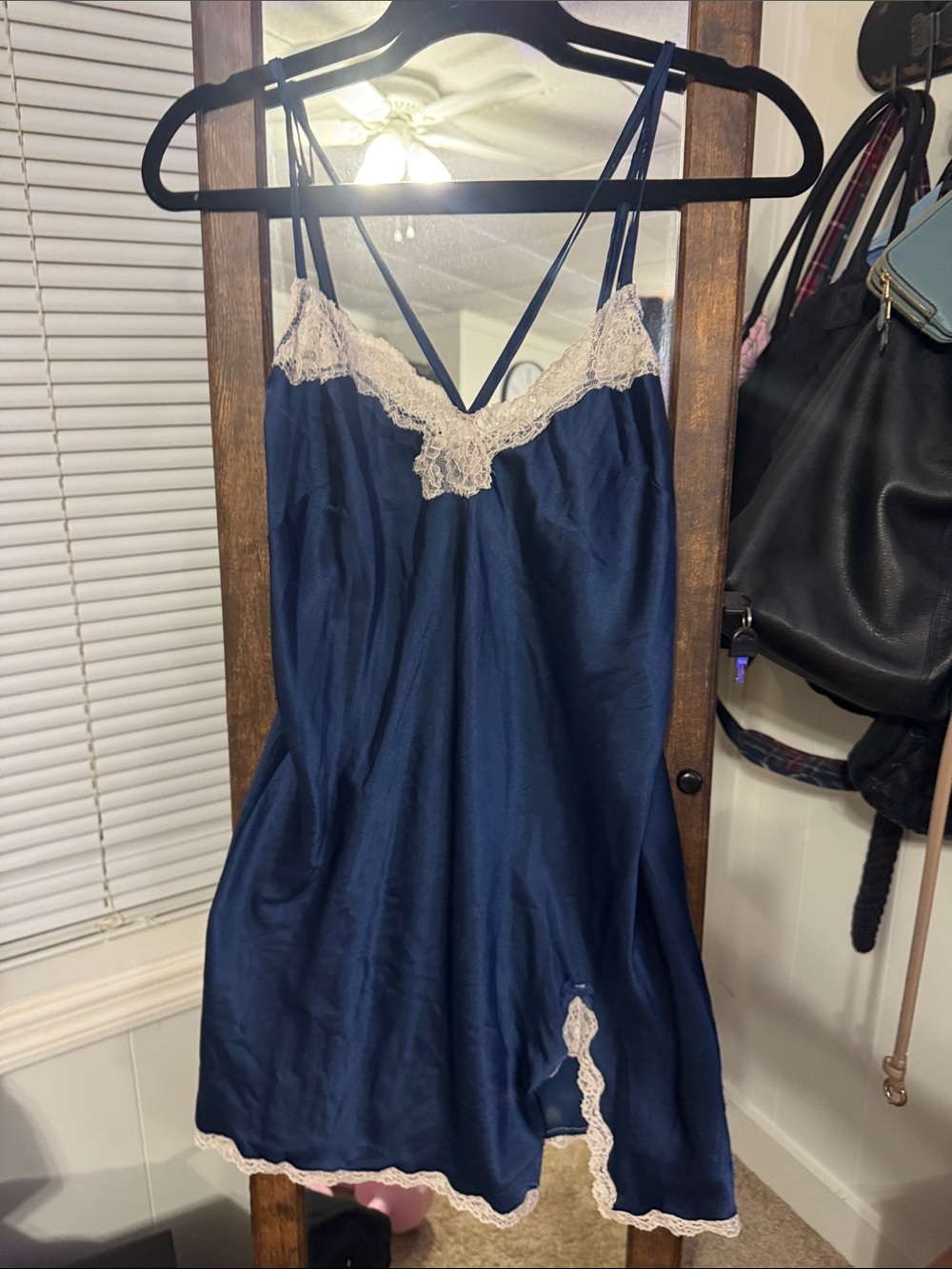 Victorias Secret Y2K Navy Lace-Trim Satin Chemise Nightgown Sz L